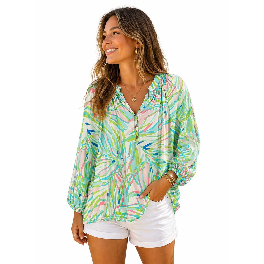 Lilly Pulitzer Elsa Silk Tunic S Pink Blue Abstract Palm Smocked Button Resort
